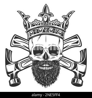 Crâne avec moustache et barbe et couronne royale constructeur ont croisé des marteaux de la nouvelle construction et de remodelage de la maison d'affaires dans le style monochrome vintage Illustration de Vecteur