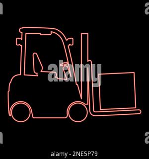 Neon chargement de la cargaison chariot élévateur pour le levage de marchandises en boîte dans l'entrepôt chargeur élévateur de fourche fret rouge couleur vecteur illustration style plat Illustration de Vecteur