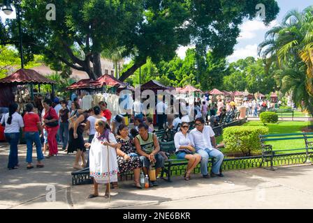 Mexique - 21 janvier 2007 : couple mexicain assis sur le banc du parc au milieu d'une journée chargée dans le parc, Zocalo, Mérida Banque D'Images