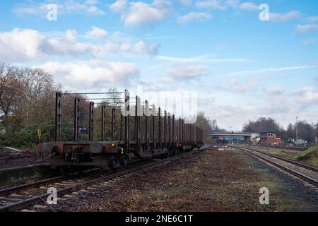 Wagons de marchandises de chemin de fer vides sur la voie ferrée. Pont routier en arrière-plan. Banque D'Images