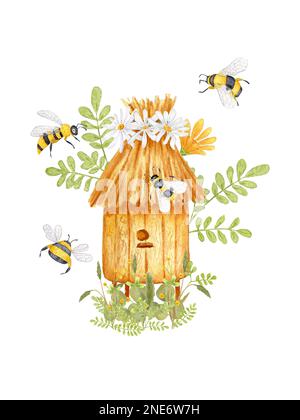 Illustration aquarelle sur le thème de l'apiculture. Ruche en bois d'abeille avec toit en paille dans herbe avec fleurs. Abeilles, branche, bourdon. Banque D'Images