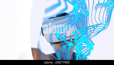 Composition de pistes lumineuses numériques avec un garçon portant un casque vr Banque D'Images