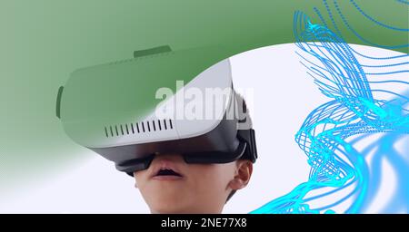 Composition de pistes lumineuses numériques avec un garçon portant un casque vr Banque D'Images