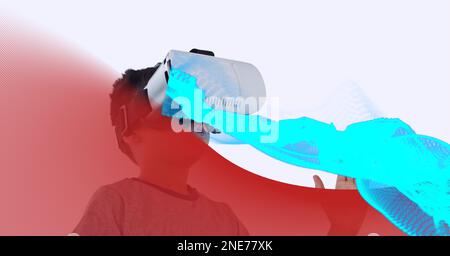 Composition de pistes lumineuses numériques avec un garçon portant un casque vr Banque D'Images