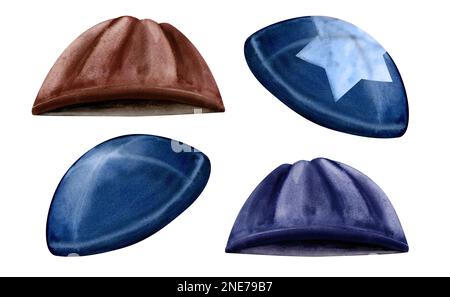 Ensemble de kippot aquarelle, yarmucke dessiné à la main, kippah de tête bleu-brun juif avec étoile de David Illustration isolée sur un fond blanc Banque D'Images