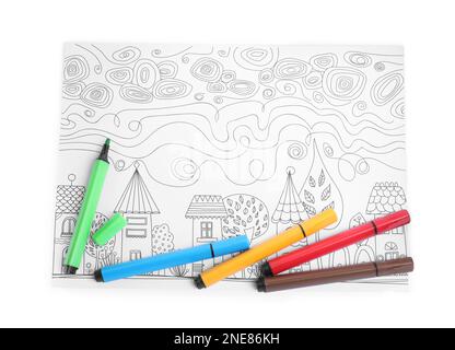 Page de coloriage antistress et feutres sur fond blanc, vue de dessus Banque D'Images