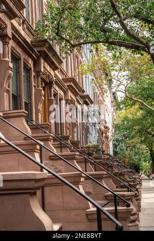 Rangée de belles maisons haut de gamme de New York avec des arbres verts Banque D'Images