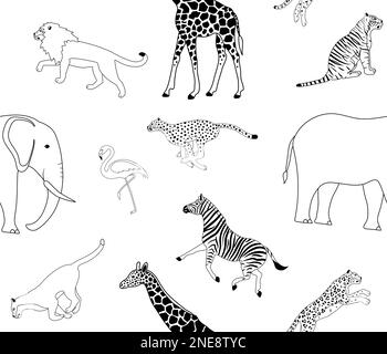 Schéma vectoriel sans couture d'animaux sauvages africains plats isolés sur fond blanc Illustration de Vecteur
