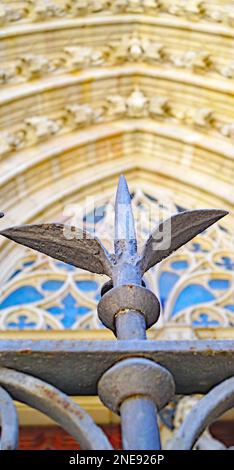 Détail de l'architecture, de la grille et de la porte de la cathédrale de style gothique de Barcelone, Catalunya, Espagne, Europe Banque D'Images