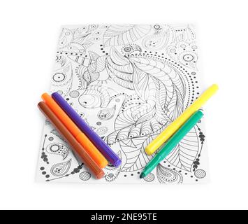 Page de coloriage antistress et feutres sur fond blanc Banque D'Images