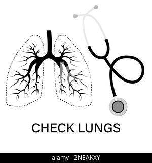 Poumons et stéthoscope icônes de style noir et blanc isolé sur blanc. Elément de conception vectoriel. Banque D'Images