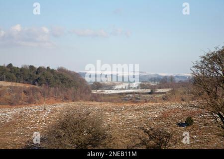 Vue distante de la cage au Parc de Lyme un jour d'hiver lumineux comme vu de Lyme Handley près de Poynton plus élevé Cheshire Angleterre Banque D'Images