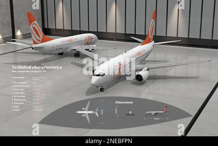 Graphiques informatiques des caractéristiques techniques et de la taille de l'avion commercial Boeing 737-700. [Encapsulated PostScript File (.eps); 5196x3248]. Banque D'Images