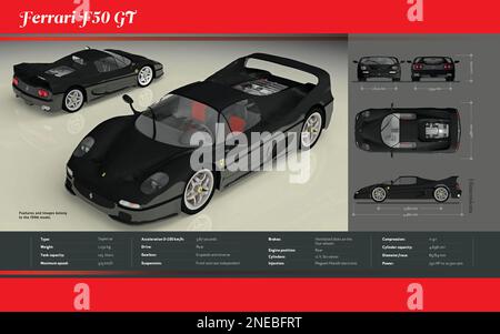 Infographie sur les caractéristiques techniques et les dimensions de la voiture de sport Ferrari F50 GT, modèle 1996. [Adobe Illustrator (.ai); 5196x3248]. Banque D'Images