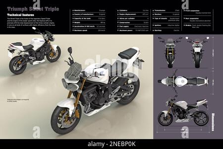 Infographie sur les caractéristiques techniques et les dimensions de la moto Triumph Street Triple. [Adobe InDesign (.indd); 5196x3248]. Banque D'Images