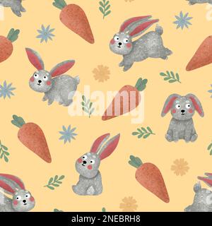 Motif lapin sans couture. Jolies lièvres grises texturées, carottes et fleurs sur fond jaune. Illustration pixellisée des animaux des enfants Banque D'Images