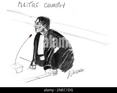 Ce dessin de Jonathan de Cesare montre l'avocat Sébastien Courtoy lors d'une session du procès des attentats de 22 mars 2016, au tribunal d'assises de Bruxelles-capitale, le jeudi 16 février 2023, sur le site de Justitia à Haren, Bruxelles. Sur 22 mars 2016, 32 personnes ont été tuées et 324 ont été blessées lors d'attentats suicide à l'aéroport national de Zaventem et à la station de métro Maalbeek/Maelbeek, qui ont été revendiqués par l'ISIL. BELGA PHOTO JONATHAN DE CESARE Banque D'Images