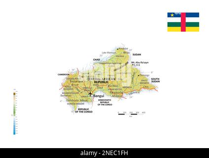Carte physique et politique de la République centrafricaine. [Adobe Illustrator (.ai); 3507x2480]. Banque D'Images