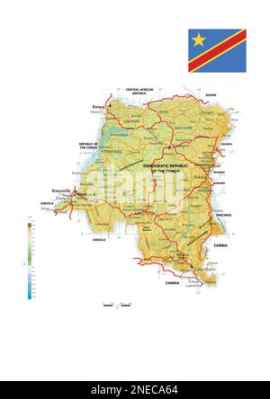 Carte physique et politique de la République démocratique du Congo. [Adobe Illustrator (.ai); 2480x3507]. Banque D'Images