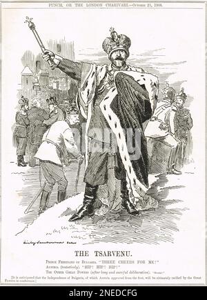 Le Tsarvenu. Prince Ferdinand de Bulgarie, Déclaration d'indépendance de la Bulgarie. Ferdinand prit plus tard le titre de Tsar. Dessin animé par Edward Linley Sambourne de 1908 Banque D'Images