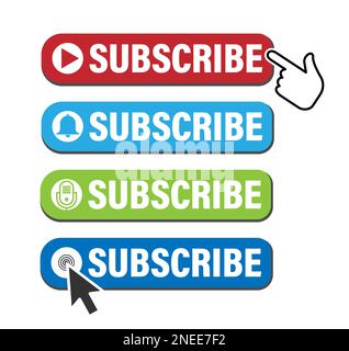 jeu d'icônes de bouton d'abonnement pour les médias sociaux, balado, chaîne vidéo, blog, newsletter avec pointeur de souris et illustration vectorielle d'icône de main Banque D'Images