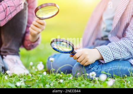Les enfants explorent la nature fraîche à l'aide de loupes. Banque D'Images