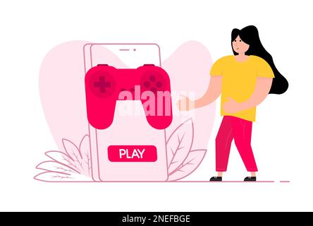 Une femme se tient près du smartphone, sur la manette de jeu à l'écran. Jouer à un jeu vidéo. Illustration de Vecteur