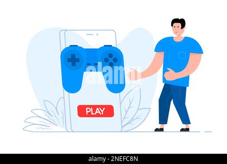 Un homme se tient près du smartphone, sur la manette de jeu à l'écran. Jouer à un jeu vidéo. Illustration de Vecteur