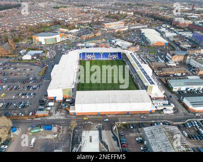 Vue aérienne générale du stade Halliwell Jones, stade des Warrington Wolves en amont du match de la Super League Round 1 de Betfred Warrington Wolves vs Leeds Rhinos au stade Halliwell Jones, Warrington, Royaume-Uni, 16th février 2023 (photo de Craig Thomas/News Images) Banque D'Images