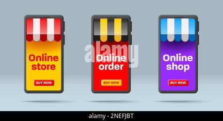 Achat en ligne avec un smartphone, ensemble de 3D illustrations d'un écran avec visière rayée dans différentes couleurs Illustration de Vecteur