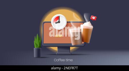 Lieu de travail distant ou de bureau avec tasses à café en verre et de bureau avec cappuccino, plante et horloge, illustration du rendu 3D Illustration de Vecteur