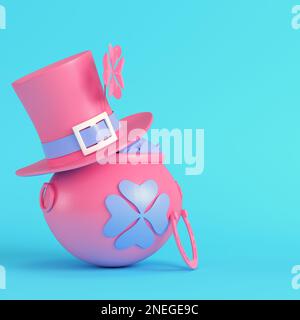 Pink St. Patrick's Day pot d'or avec chapeau haut et chaussure de cheval sur fond bleu vif dans des couleurs pastel. Concept de minimalisme. 3d rendu Banque D'Images