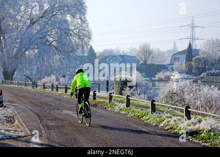 Un cycliste solitaire sur le chemin de halage à Shepperton, lors d'une journée hivernale froide et ensoleillée avec des arbres et de la végétation couverts de givre, Surrey, Angleterre, Royaume-Uni Banque D'Images