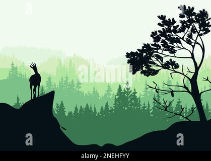 Un chamois se dresse au sommet d'une colline avec des montagnes et une forêt en arrière-plan. Arbre de pin au premier plan. Paysage magique et brumeux. Illustration de la nature. Illustration de Vecteur