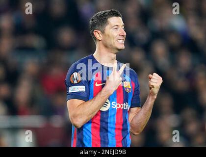 Barcelone, Espagne. 16 février 2023, Robert Lewandowski du FC Barcelone lors du match de la Liga entre le FC Barcelone et Manchester United, a joué au stade Spotify Camp Nou sur 16 février 2023 à Barcelone, en Espagne. (Photo de Sergio Ruiz / PRESSIN) Banque D'Images