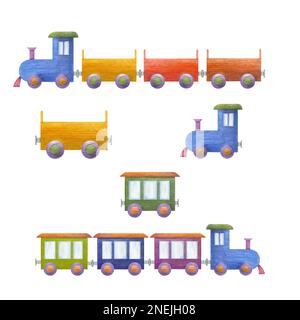 Illustration aquarelle d'un ensemble de train en bois d'enfant isolé sur fond blanc. Chambre bébé, décoration pour enfants. Matériaux écologiques jouets pour enfants. Prot Banque D'Images