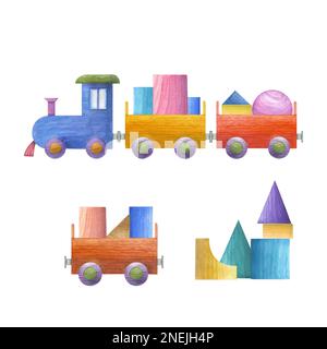 Illustration aquarelle d'un ensemble de transport en bois d'enfant isolé sur fond blanc. Chambre bébé, décoration pour enfants. Matériaux écologiques jouets pour enfants Banque D'Images