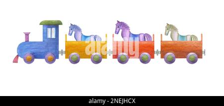 Illustration aquarelle d'un ensemble de train en bois d'enfant isolé sur fond blanc. Chambre bébé, décoration pour enfants. Matériaux écologiques jouets pour enfants. Banque D'Images