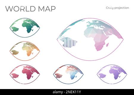 Jeu de cartes à faible Poly World. Projection Craig rétroazimuthal. Collection de cartes du monde en style géométrique. Illustration vectorielle. Illustration de Vecteur