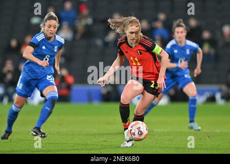 Janice Cayman de Belgique photographié lors d'un match amical de football féminin entre les équipes nationales de football féminin d'Italie et de Belgique, a appelé les flammes rouges , leur premier match de la coupe Arnold Clark 2023 , jeudi 16 février 2023 à Milton Keynes , ANGLETERRE . PHOTO SPORTPIX Banque D'Images