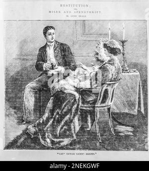 Un croquis de 19th siècle d’un jeune couple assis à une table pour boire du thé, intitulé « Lady Asham a semblé stupéfait » d’une histoire intitulée restitution ou Miser et Spendthrift dans le livre de Girls Own Paper de 1888. Banque D'Images