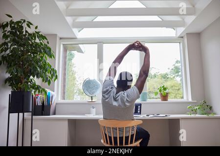 Vue arrière de l'homme travaillant à domicile sur l'ordinateur dans Bureau à domicile s'étirant au bureau Banque D'Images