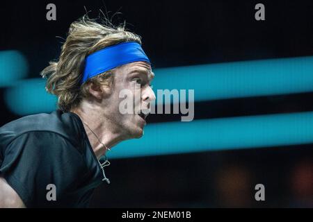 ROTTERDAM, PAYS-BAS - FÉVRIER 15 : Andrey Rublev en action lors du tournoi de tennis mondial ABN AMRO 50th 2023 à Ahoy on 15 février 2023 à Rotterdam, pays-Bas (photo de Henk Seppen/Orange Pictures) Banque D'Images