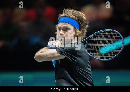 ROTTERDAM, PAYS-BAS - FÉVRIER 15 : Andrey Rublev en action lors du tournoi de tennis mondial ABN AMRO 50th 2023 à Ahoy on 15 février 2023 à Rotterdam, pays-Bas (photo de Henk Seppen/Orange Pictures) Banque D'Images