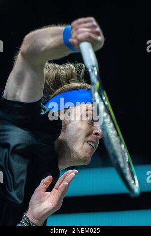 ROTTERDAM, PAYS-BAS - FÉVRIER 15 : Andrey Rublev en action lors du tournoi de tennis mondial ABN AMRO 50th 2023 à Ahoy on 15 février 2023 à Rotterdam, pays-Bas (photo de Henk Seppen/Orange Pictures) Banque D'Images