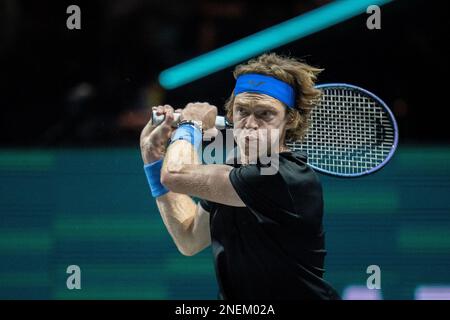 ROTTERDAM, PAYS-BAS - FÉVRIER 15 : Andrey Rublev en action lors du tournoi de tennis mondial ABN AMRO 50th 2023 à Ahoy on 15 février 2023 à Rotterdam, pays-Bas (photo de Henk Seppen/Orange Pictures) Banque D'Images