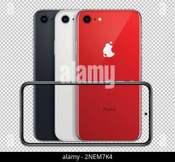 Ensemble de trois smartphones de couleur différente avec caméras et mise en surbrillance. Maquette horizontale Vector Modern Realistic 3D smartphones Illustration de Vecteur