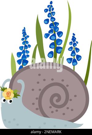 escargot de jardin avec fleurs de muscari bleu, illustration du printemps style de dessin animé Illustration de Vecteur