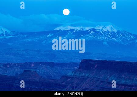 Pleine lune s'élevant au-dessus des montagnes enneigées de la Sal au crépuscule en hiver près de Moab, Utah. Banque D'Images