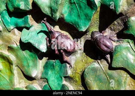 Gros plan des coléoptères et des feuilles sur les portes de la façade de la Nativité de la Sagrada Familia, Barcelone, Espagne Banque D'Images